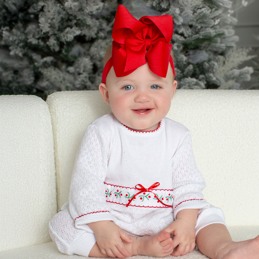 Paty Knit Long Sleeve Romper with Swiss Trim 