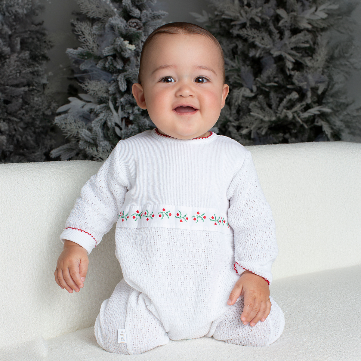 Paty Knit Long Sleeve Romper with Swiss Trim #166LSSWP (Christmas Collection)