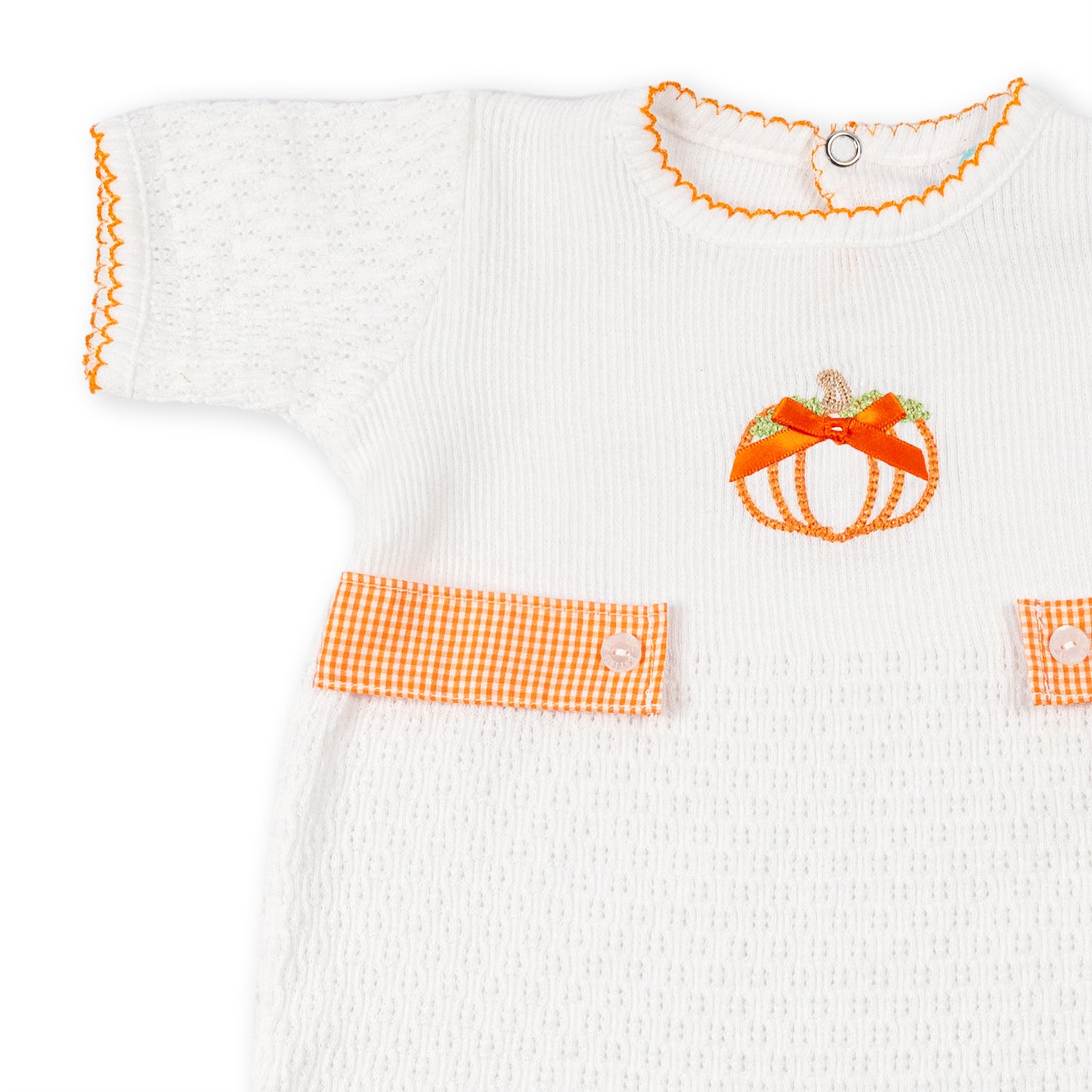 Paty Knit Short Sleeve Romper with Pumpkin Embroidery and Gingham Tabs