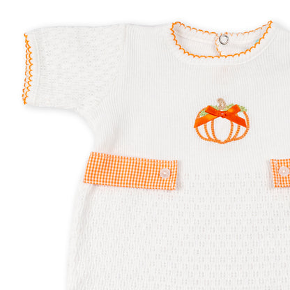 Paty Knit Short Sleeve Romper with Pumpkin Embroidery and Gingham Tabs