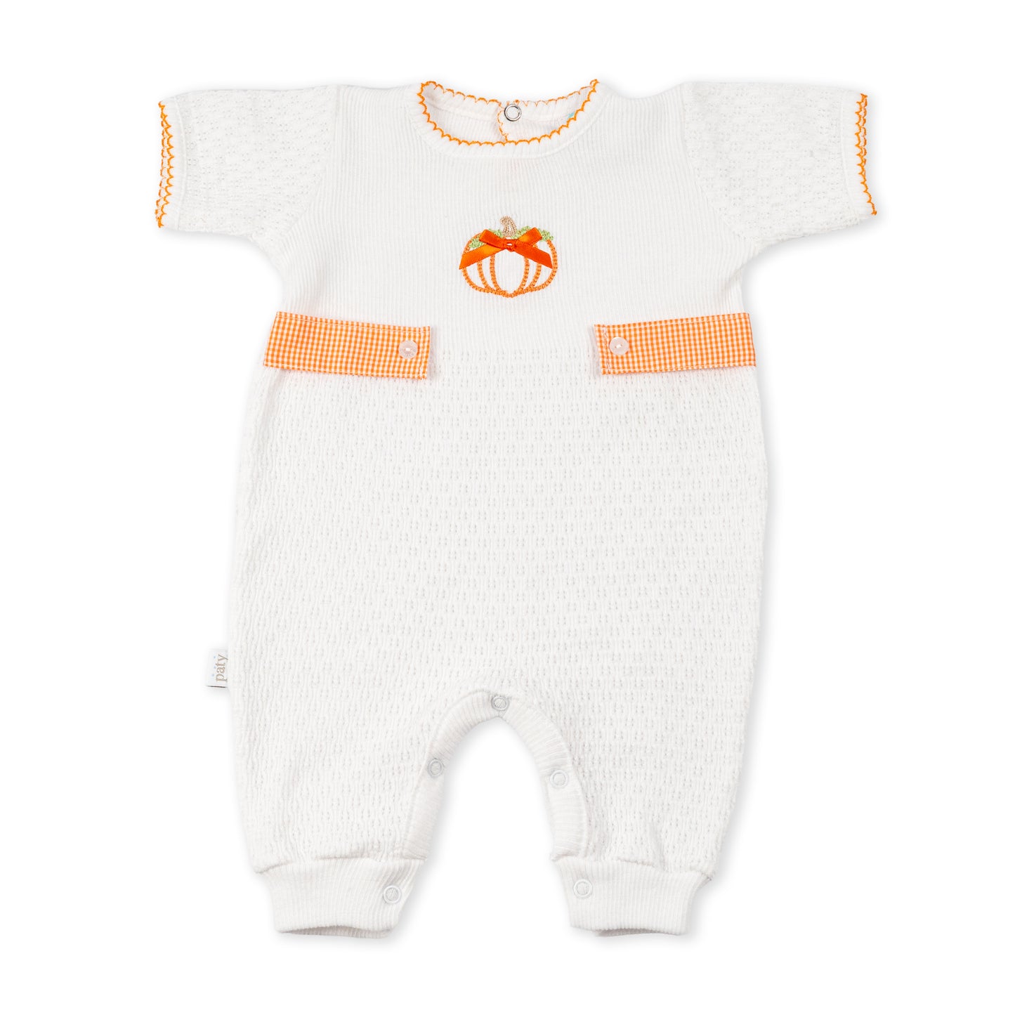 Paty Knit Short Sleeve Romper with Pumpkin Embroidery and Gingham Tabs
