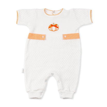 Paty Knit Short Sleeve Romper with Pumpkin Embroidery and Gingham Tabs