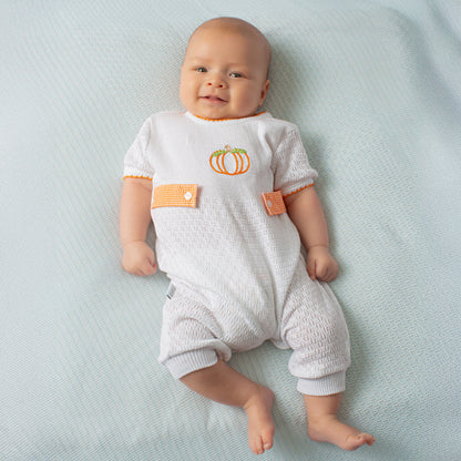Paty Knit Short Sleeve Romper with Pumpkin Embroidery and Gingham Tabs