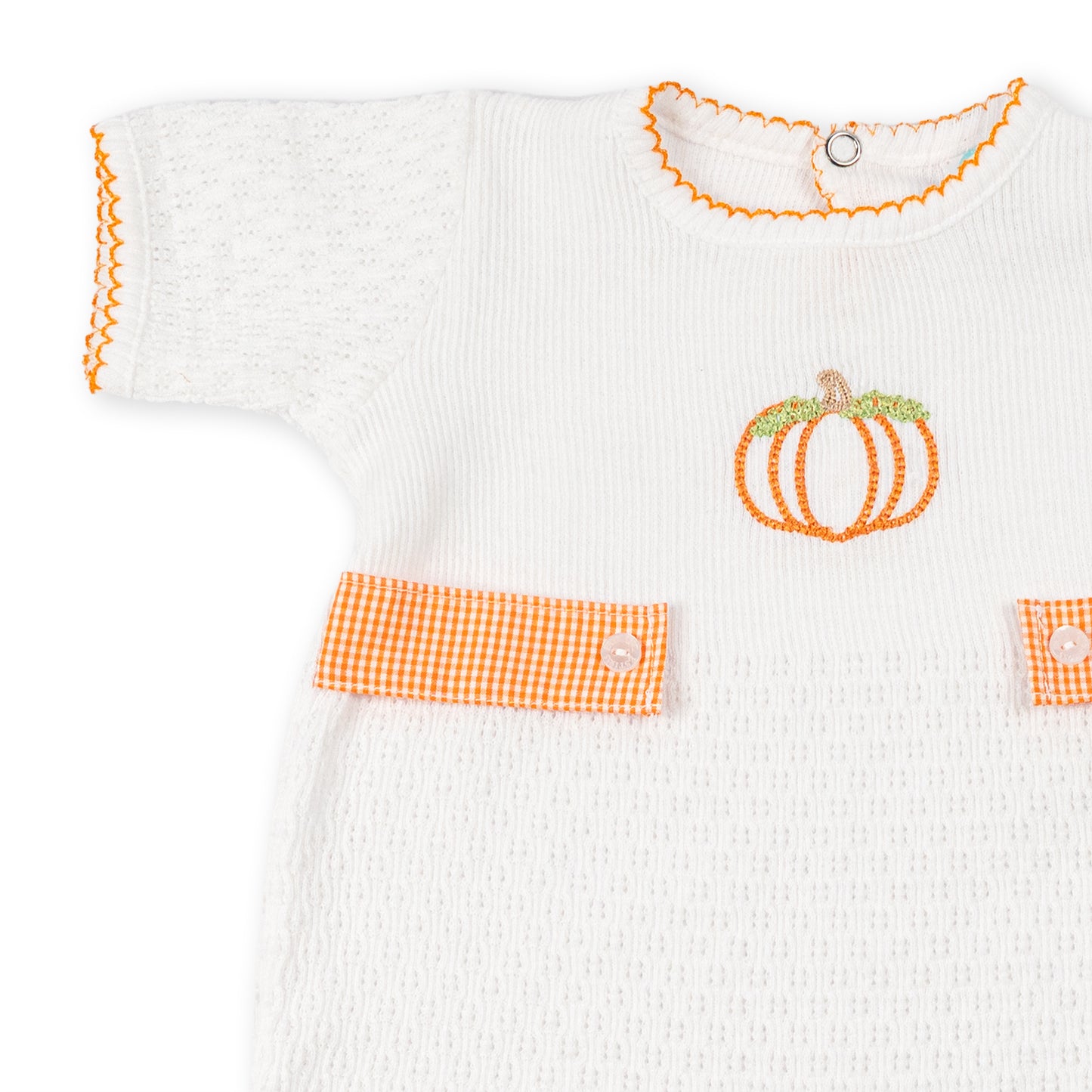 Paty Knit Short Sleeve Romper with Pumpkin Embroidery and Gingham Tabs