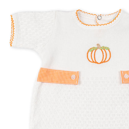 Paty Knit Short Sleeve Romper with Pumpkin Embroidery and Gingham Tabs