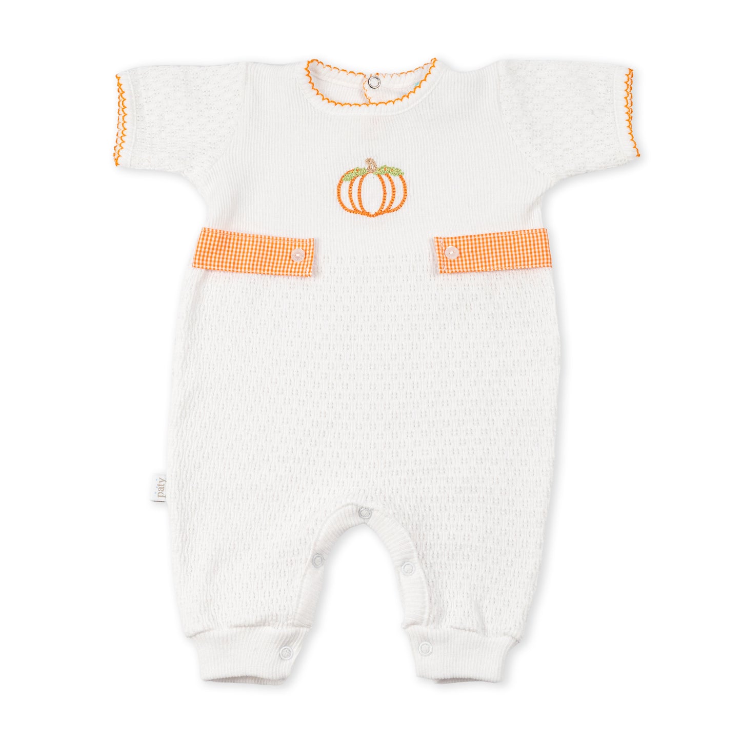 Paty Knit Short Sleeve Romper with Pumpkin Embroidery and Gingham Tabs