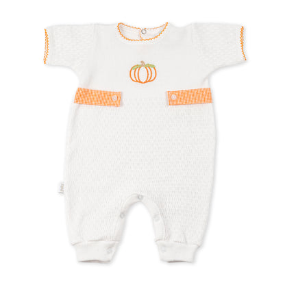 Paty Knit Short Sleeve Romper with Pumpkin Embroidery and Gingham Tabs