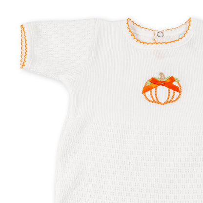 Paty Knit Short Sleeve Romper with Pumpkin Embroidery