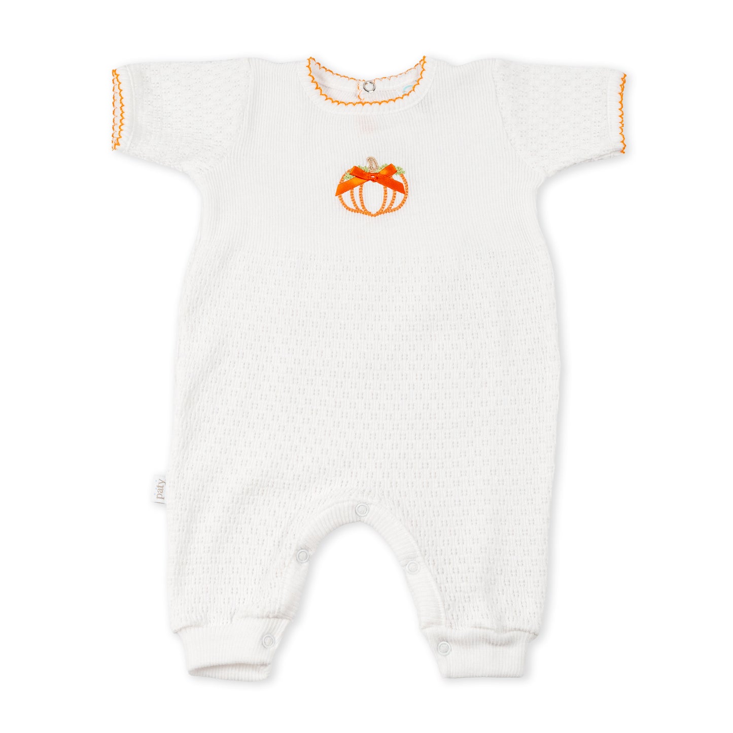 Paty Knit Short Sleeve Romper with Pumpkin Embroidery