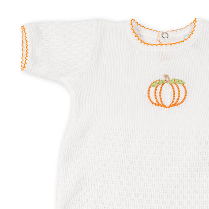 Paty Knit Short Sleeve Romper with Pumpkin Embroidery