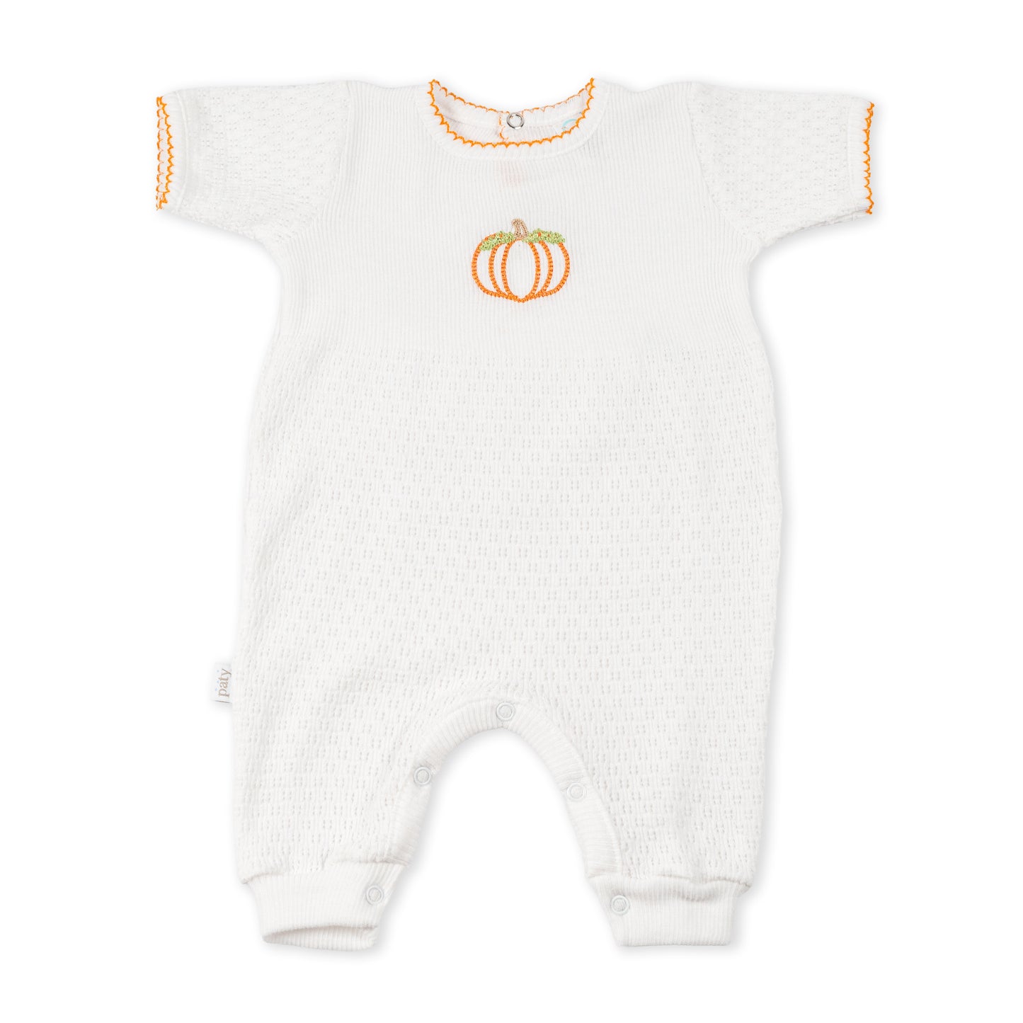 Paty Knit Short Sleeve Romper with Pumpkin Embroidery