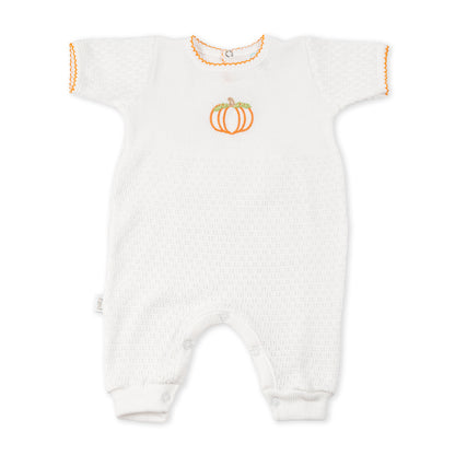 Paty Knit Short Sleeve Romper with Pumpkin Embroidery
