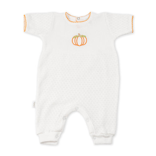 Paty Knit Short Sleeve Romper with Pumpkin Embroidery
