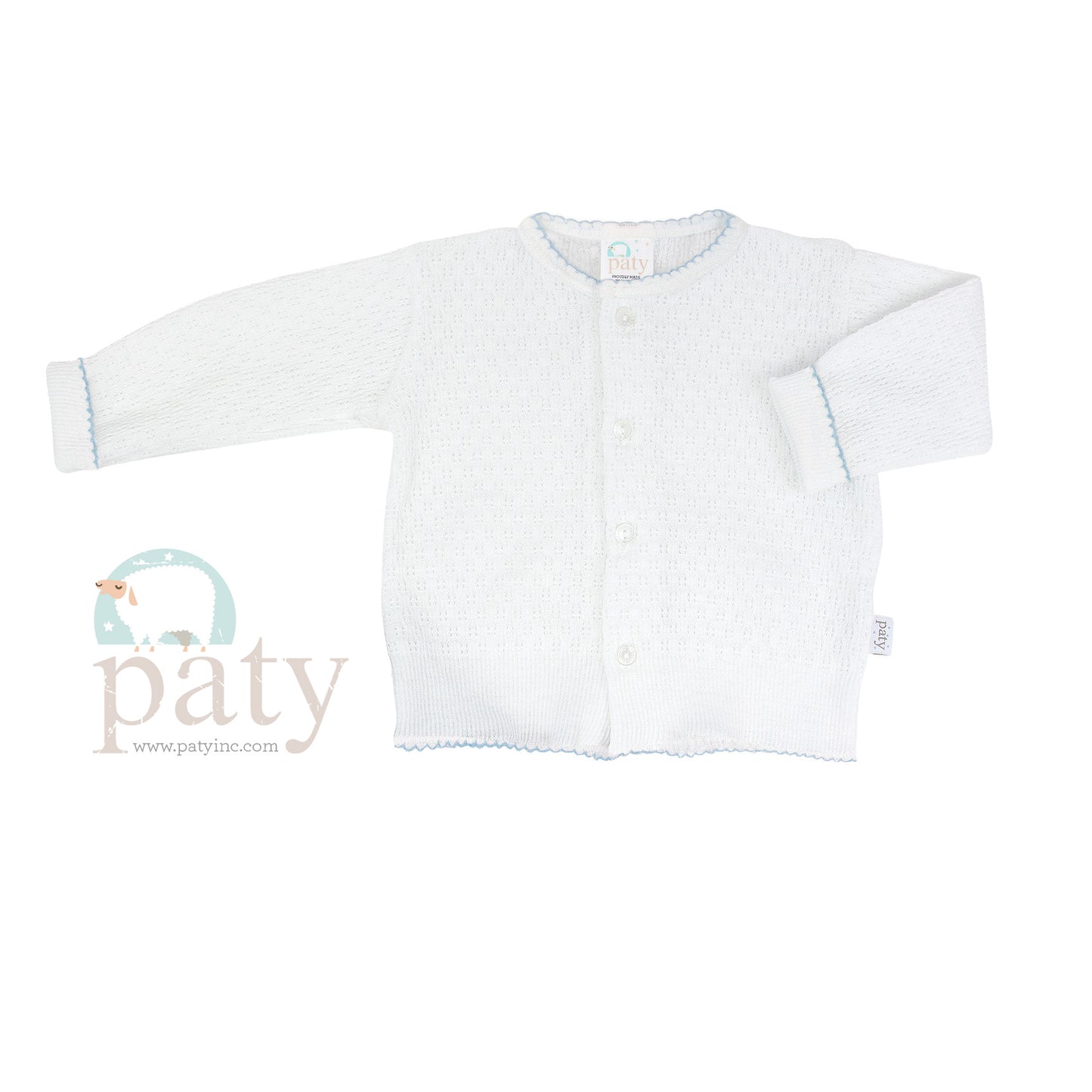 Paty Knit LS Button Up White Cardigan Sweater with Blue Trim