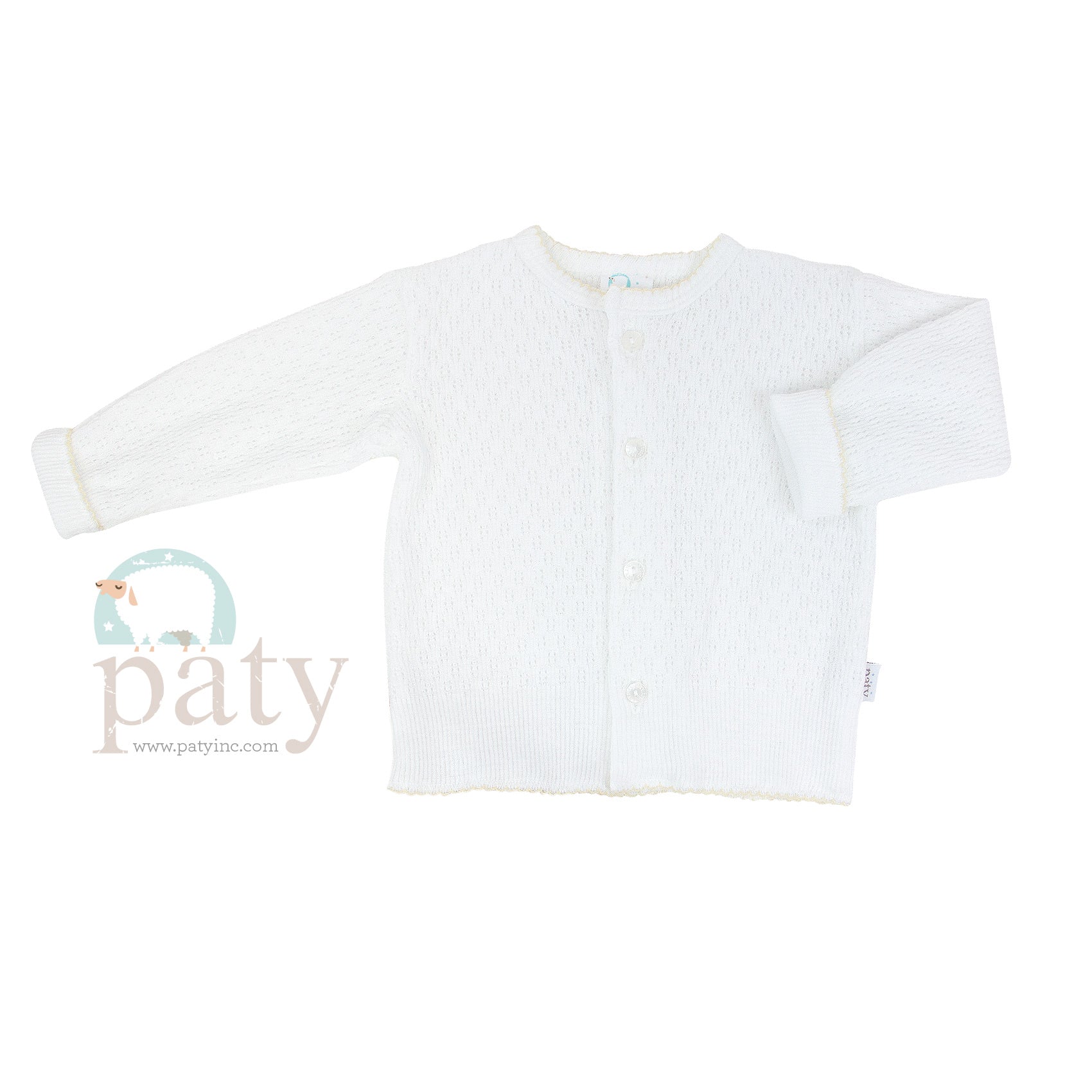 Paty Knit LS Button Up White Cardigan Sweater with Ecru Trim