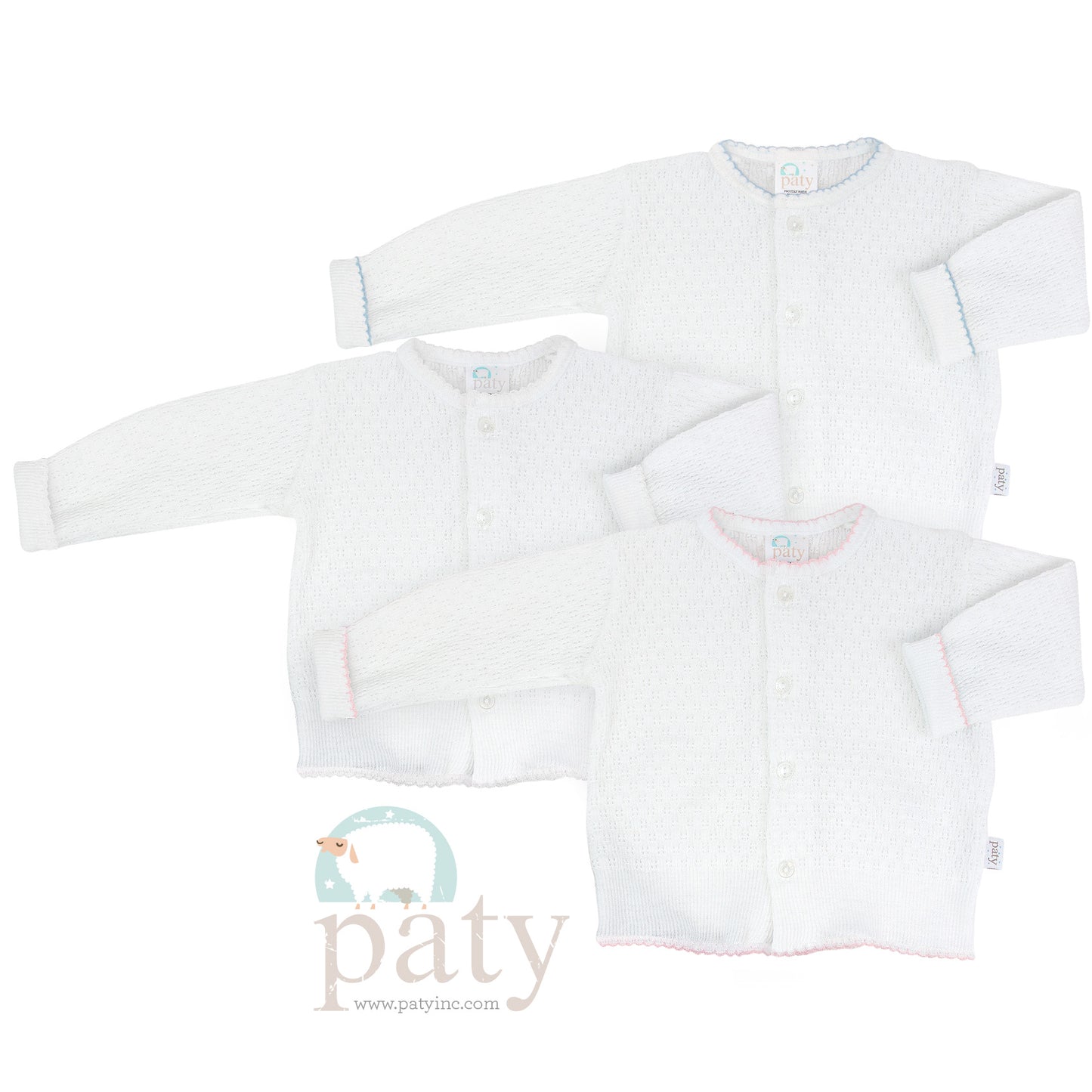 Paty Knit LS Button Up White Cardigan Sweater with Trim Options