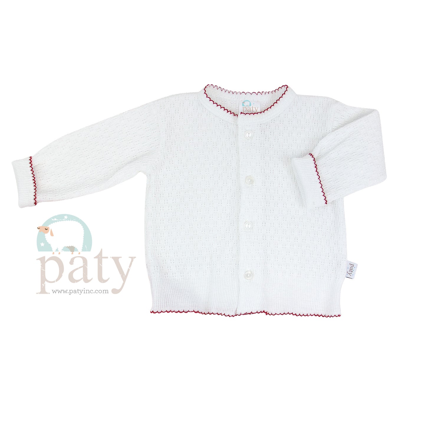 Paty Knit LS Button Up White Cardigan Sweater with Red Trim