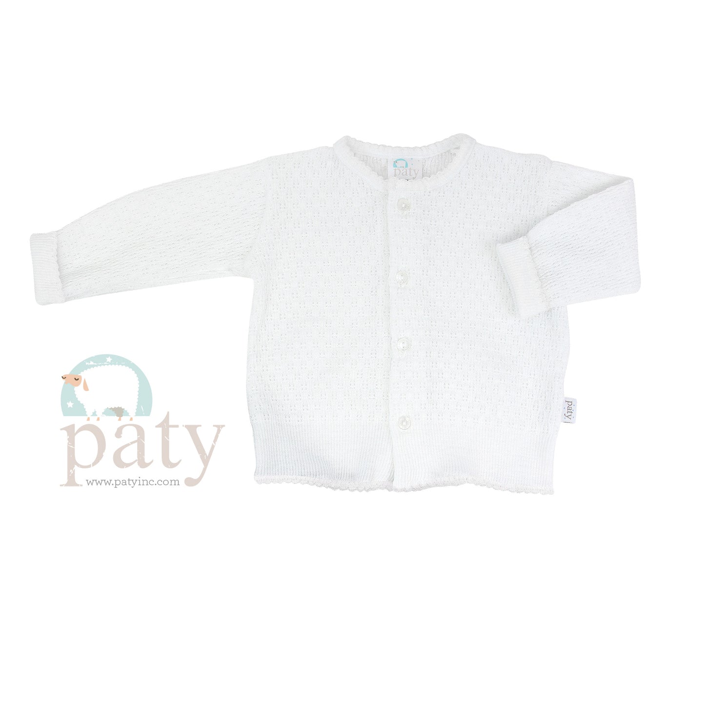 Paty Knit LS Button Up White Cardigan Sweater with White Trim