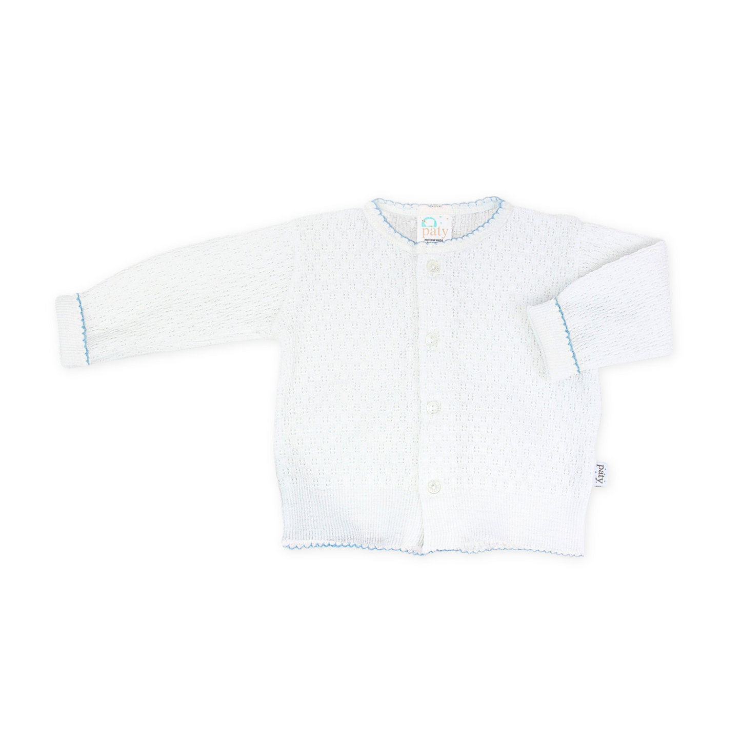 Paty Knit LS Button Up White Cardigan Sweater with Blue Trim