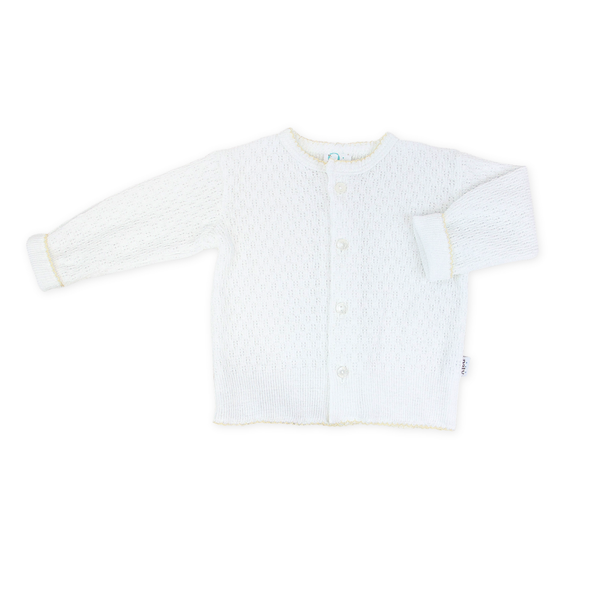 Paty Knit LS Button Up White Cardigan Sweater with Ecru Trim