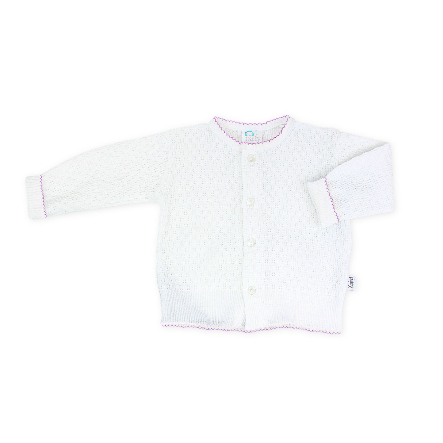 Paty Knit LS Button Up White Cardigan Sweater with Lavender Trim
