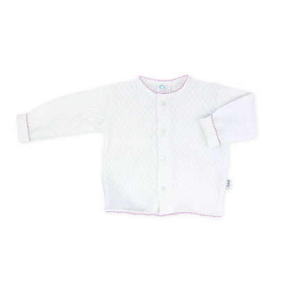 Paty Knit LS Button Up White Cardigan Sweater with Lavender Trim