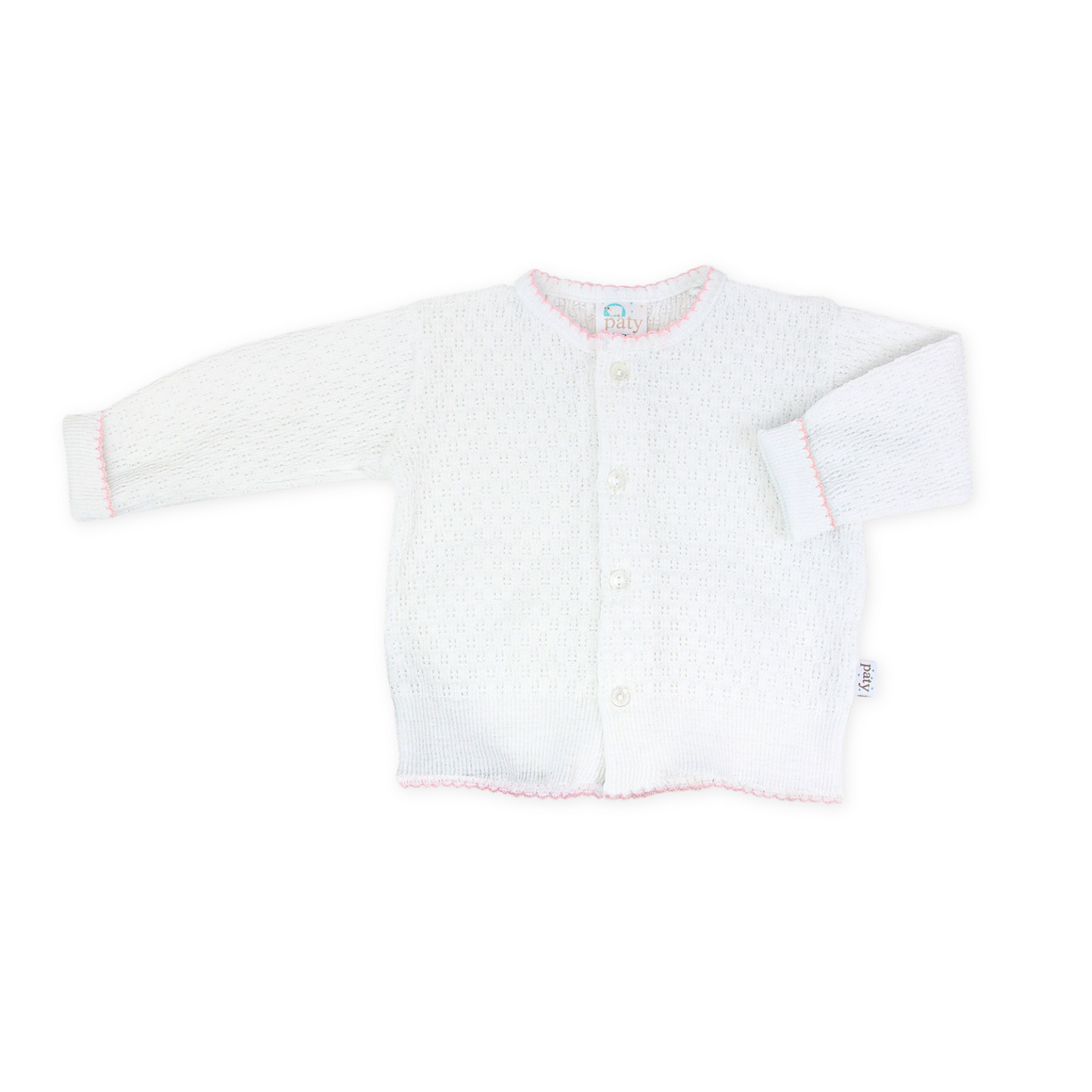 Paty Knit LS Button Up White Cardigan Sweater with Pink Trim