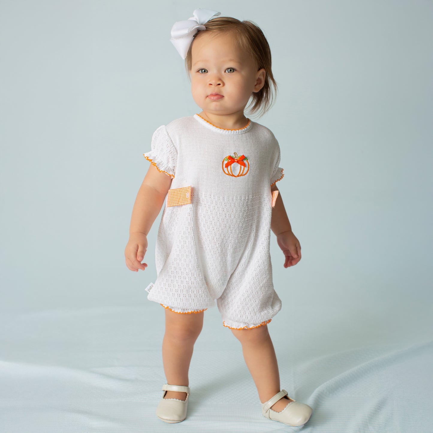 Paty Knit Ruffle Hem Bubble with Pumpkin Embroidery and Gingham Side Tabs