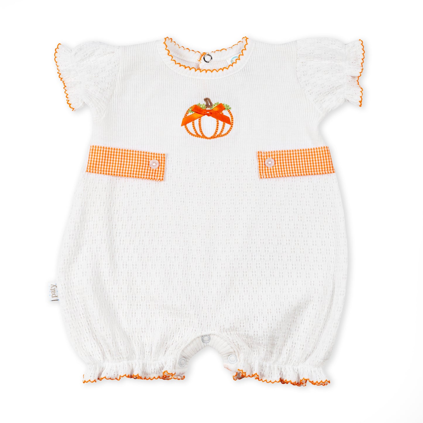 Paty Knit Ruffle Hem Bubble with Pumpkin Embroidery and Gingham Side Tabs