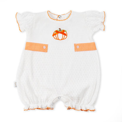 Paty Knit Ruffle Hem Bubble with Pumpkin Embroidery and Gingham Side Tabs