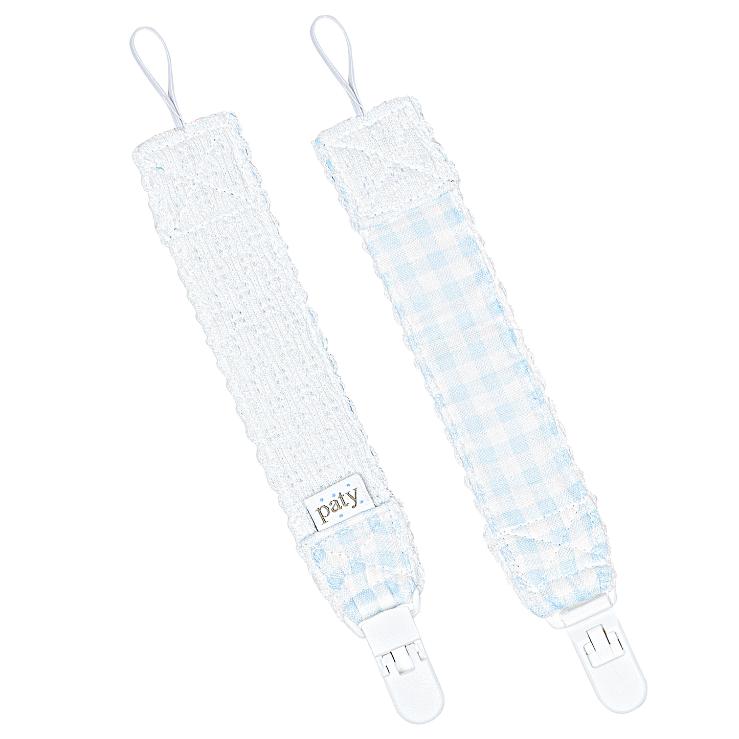 Paty Knit Pacifier Clip, Gingham Trim