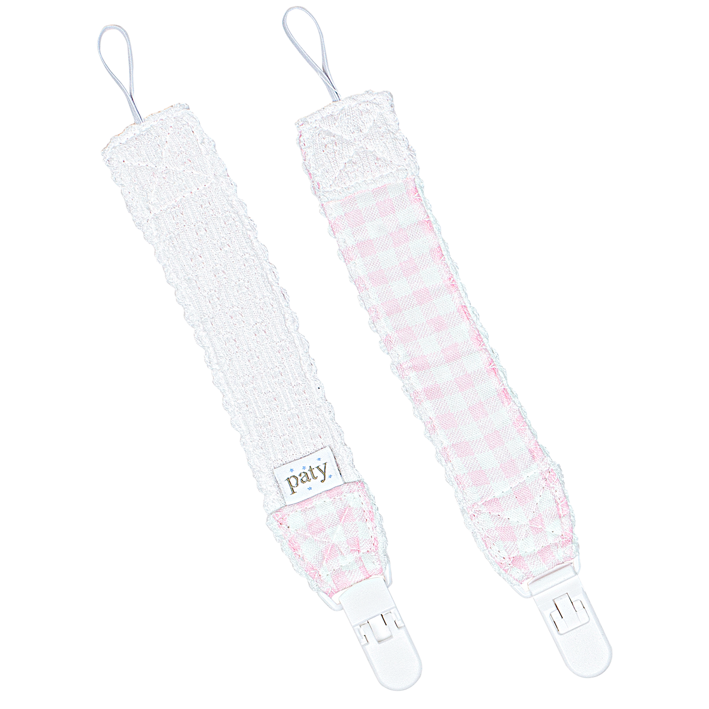 Paty Knit Pacifier Clip, Gingham Trim