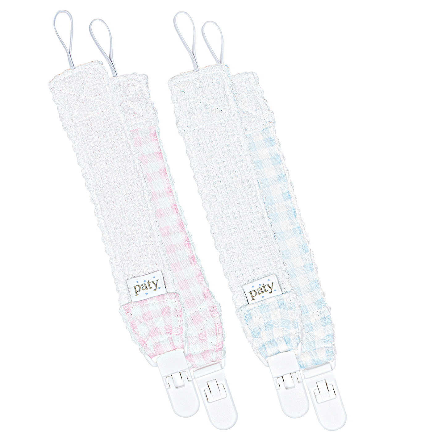 Paty Knit Pacifier Clip, Gingham Trim