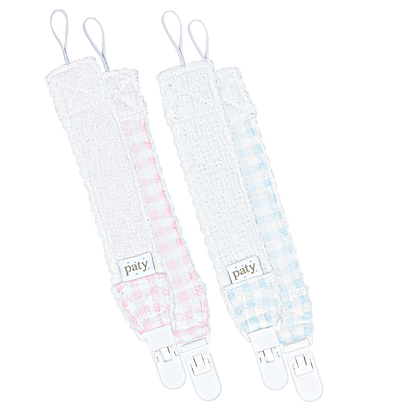 Paty Knit Pacifier Clip, Gingham Trim