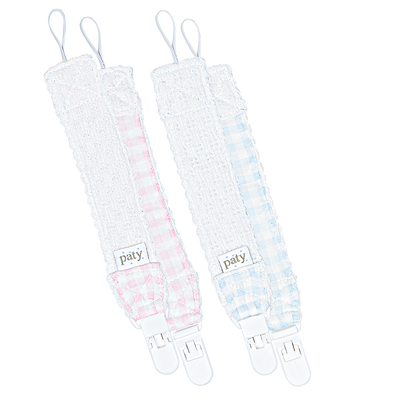 Paty Knit Pacifier Clip, Gingham Trim