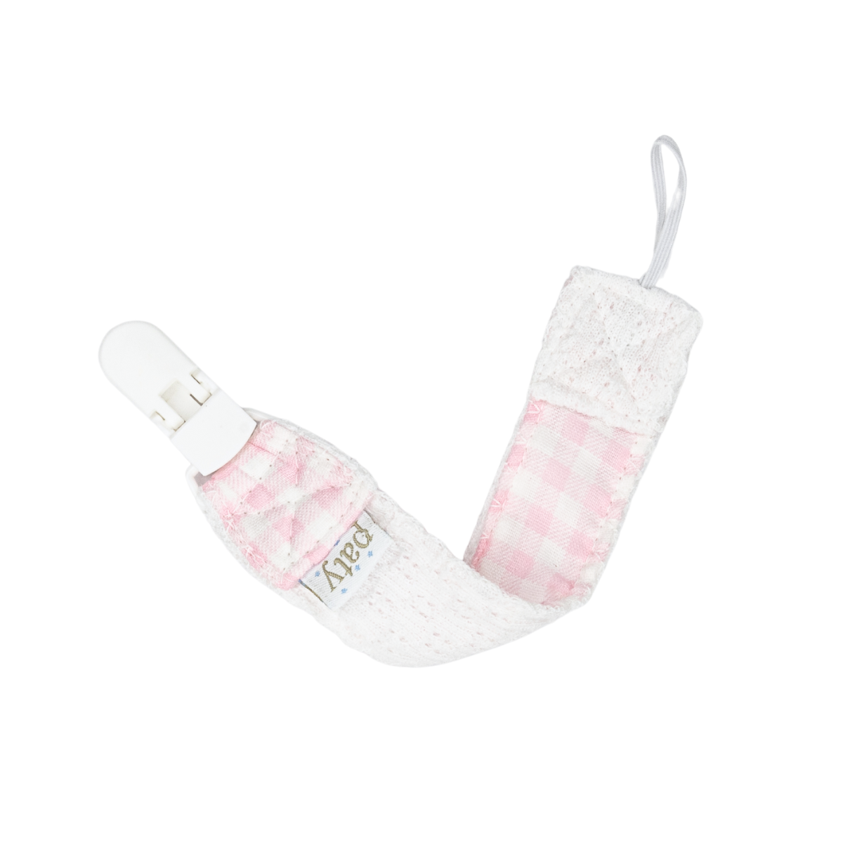 Paty Knit Pacifier Clip, Gingham Trim