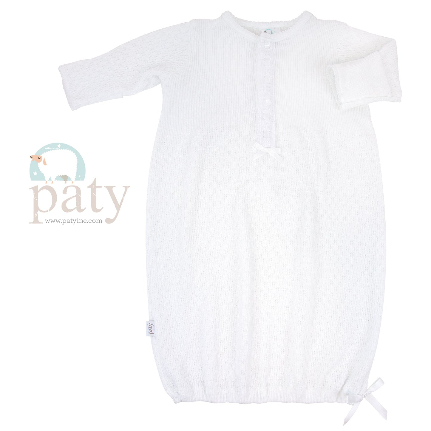 White Paty Knit LS Gown w/ Eyelet #197