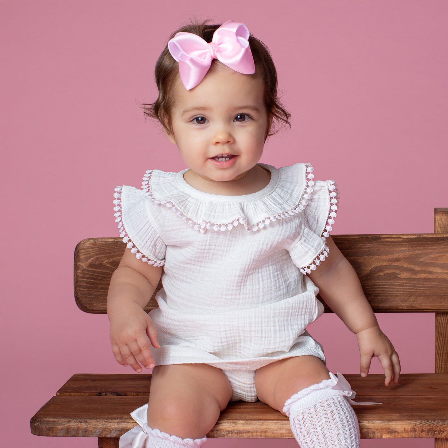 Paty Organic Cotton Muslin Baby Girl Dress & Bloomers Set with Pom Trim