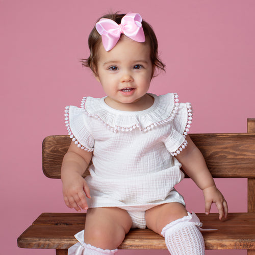 Paty Organic Cotton Muslin Baby Girl Dress & Bloomers Set with Pom Trim