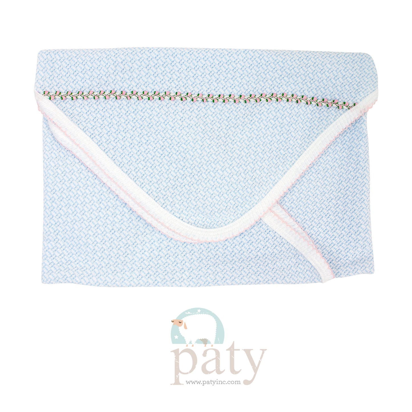 Blue Solid Color signature, 50/50 blend, paty knit accented in light pink rosebud trim.