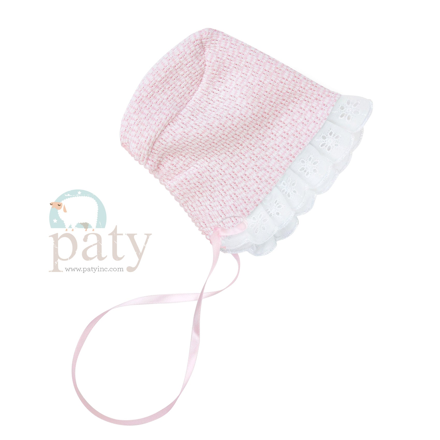 Paty Knit Solid Color Bonnet with Eyelet & Ribbon Tie