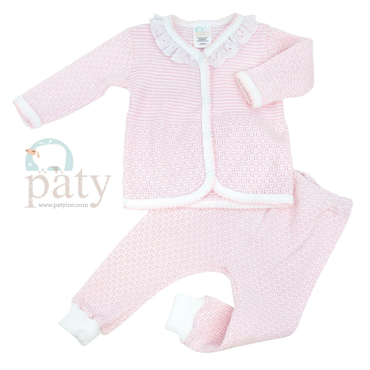Paty 2 PC Set Pink Knit with Eyelet Trim and Pants