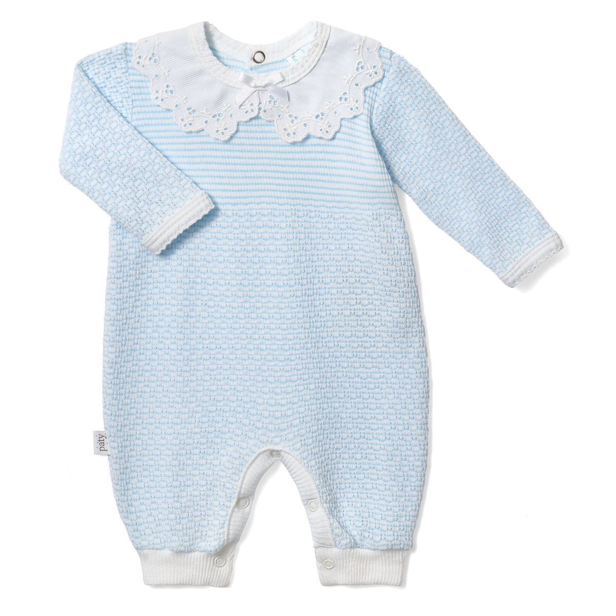 PatyKnit™ Solid Color Romper with Peter Pan Eyelet Collar