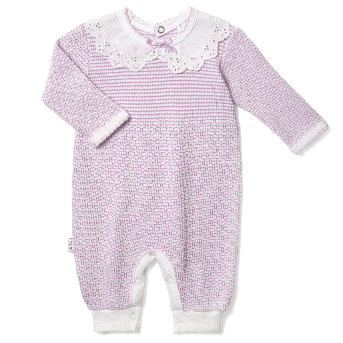 PatyKnit™ Solid Color Romper with Peter Pan Eyelet Collar
