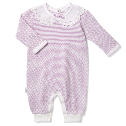 PatyKnit™ Solid Color Romper with Peter Pan Eyelet Collar