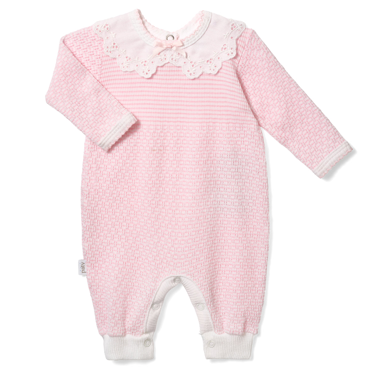 PatyKnit™ Solid Color Romper with Peter Pan Eyelet Collar