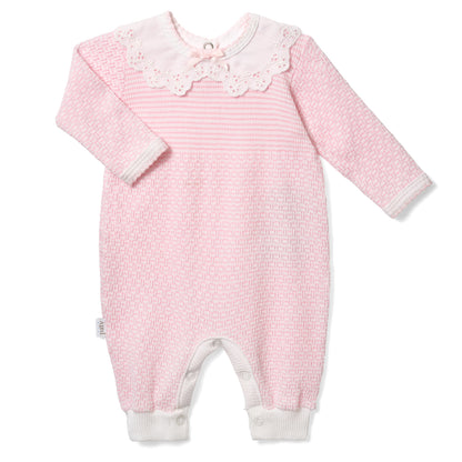 PatyKnit™ Solid Color Romper with Peter Pan Eyelet Collar