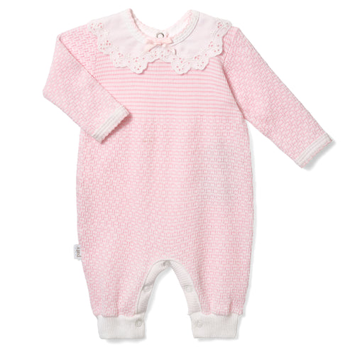 PatyKnit™ Solid Color Romper with Peter Pan Eyelet Collar