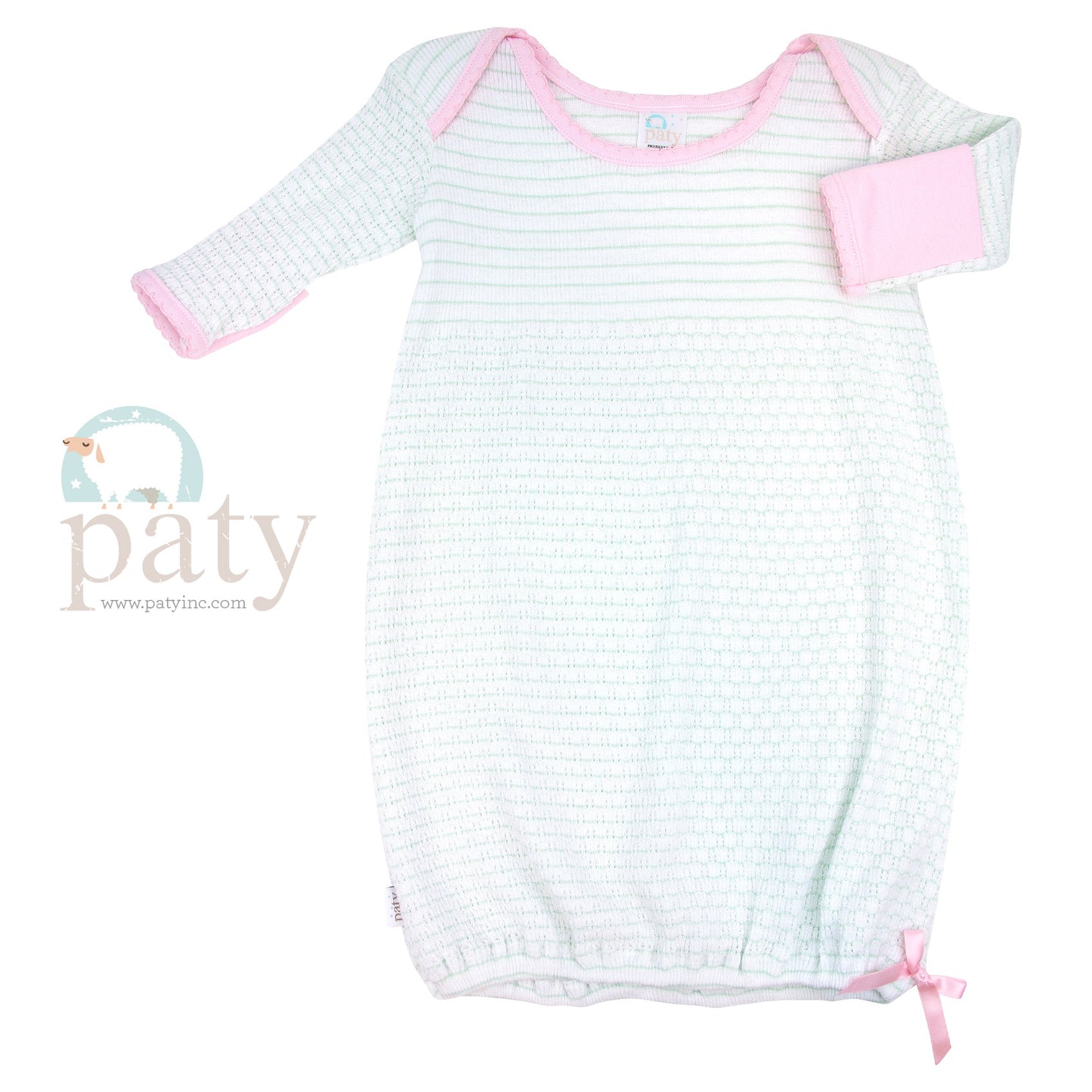 Mint w/ Pink Trim Pinstripe Paty Knit Lap Shoulder Gown