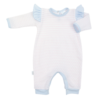 Paty Knit Long Sleeve Pinstripe Romper with Ruffle Shoulder Trim